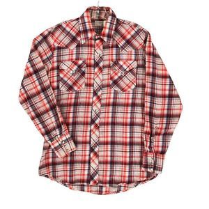 Stockman by PMC Mens Western Shirt 15 1/2 34 Red Plaid Pearl Snap Vintage USA